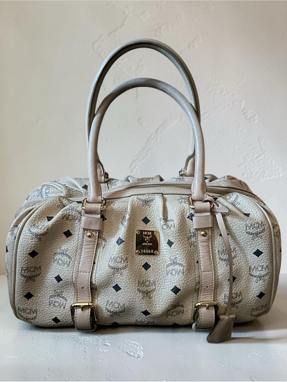 MCM Cream Logo-Print Satchel with Gold Hardware